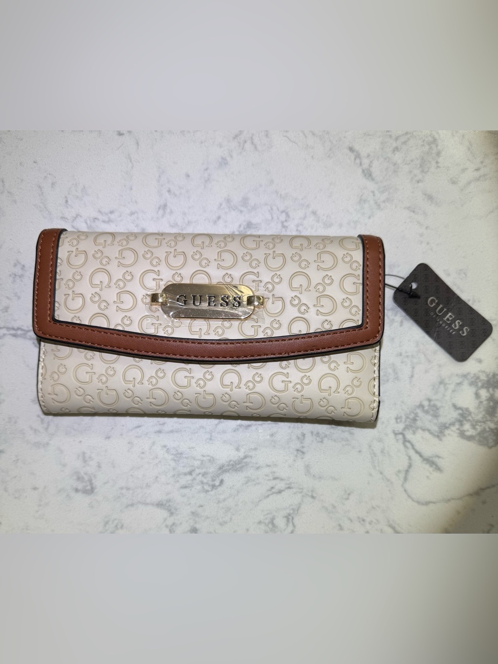 Guess Cassey Beige Monogram Print Brown Faux Leather Trim